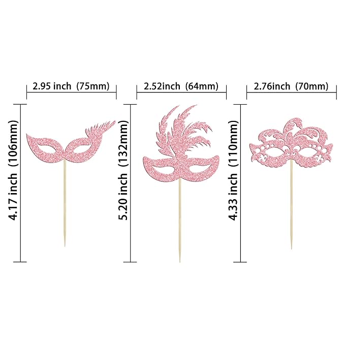 Gyufise 24Pcs Masquerade Masks Cupcake Toppers Pink Glitter Bachelorette Mask Cupcake Topper Mask Cake Picks Decorations for Masquerade Mardi Gras Party Baby Shower Birthday Party Supplies