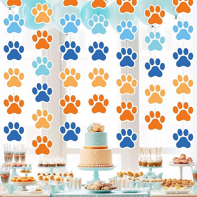 Duraaamo 8 Packs Dog Party Banner Decorations Blue Paw Print Paper Garland Dog Birthday Paper Hanging Cutouts Colorful Paw Banners for Lets Pawty Pet Birthday Party Supplies Decor(Light Paws)