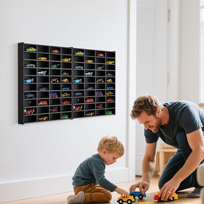 2 Pack Toy Car Display Shelf, Holds 80 Diecast 1/64 Toy Cars, Wall Mount Model Car Storage Organize Case, Black
