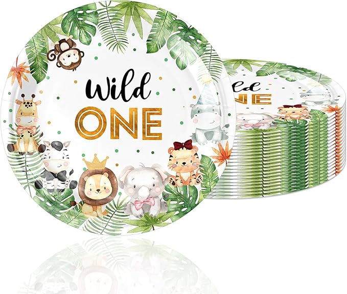 20Pcs Wild One Plates Safari Jungle Baby Shower Theme Paperplates Wild One Birthday Decorations Plate Set Disposable Dessert Plates, for Baby Shower, Boys First 1st Birthday Party Decor Supplies