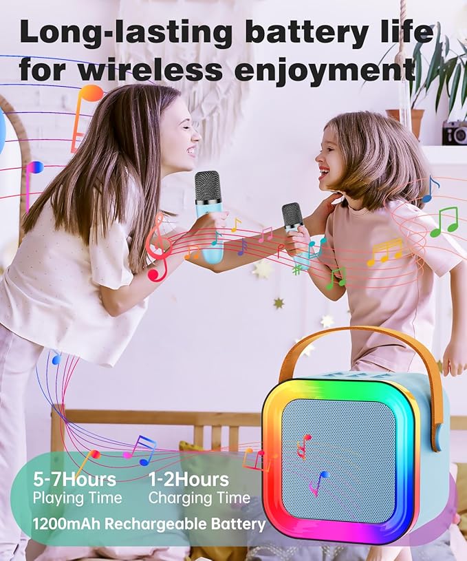 Mini Karaoke Machine Speaker for Kids Adults,Portable Bluetooth with 1-2 Wireless Microphones,Christmas Birthday Gifts Toys Girls Boys Ages 4, 5, 6,7, 8,9,10,11,12+ Years Old Toddler (Blue - 2 Mic)