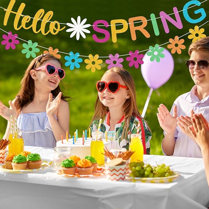 Hello Spring Banner Colorful Glitter Spring Wildflower Banner Garland, Springtime Theme Party Decorations for Home, Springtime Easter Theme Party Decorations, Indoor Outdoor Mantel Fireplace Hanging Decor
