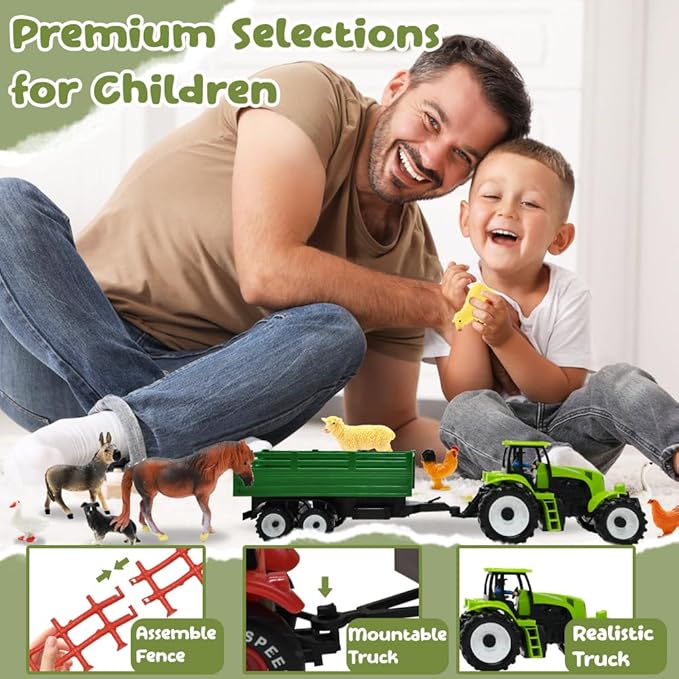 BOLZRA Farm Animal Figures Toy, Realistic Plastic 2 Farm Tractors Playset with Trailer, Farmer Fence Storage Box, Christmas Birthday Easter Gift for Kids 3-8