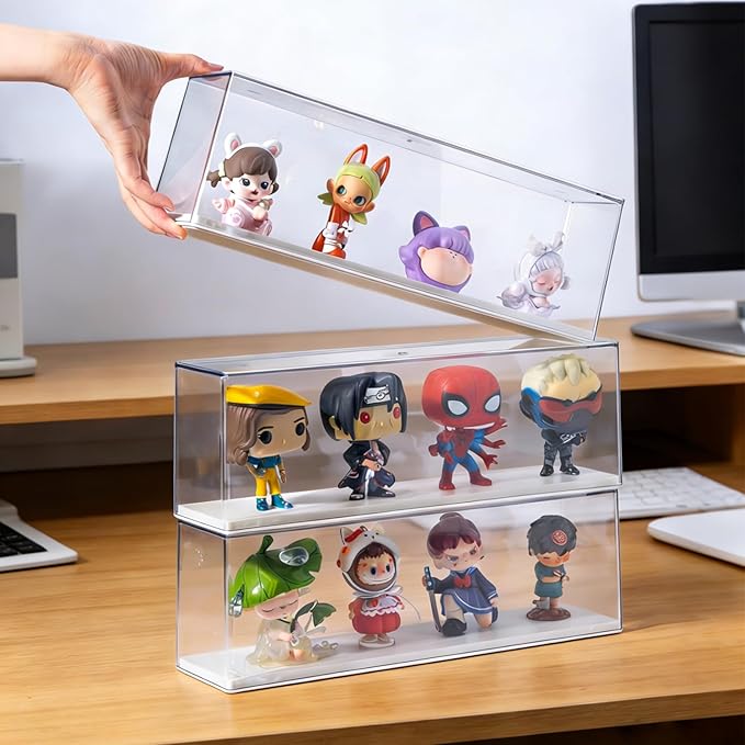 2 Pack Clear Acrylic Figures Display Case Stackable Box with Base, Dustproof Protector for Anime Figurine, Collectibles, Funko Pop, Model Cars - Home Office Display Showcase