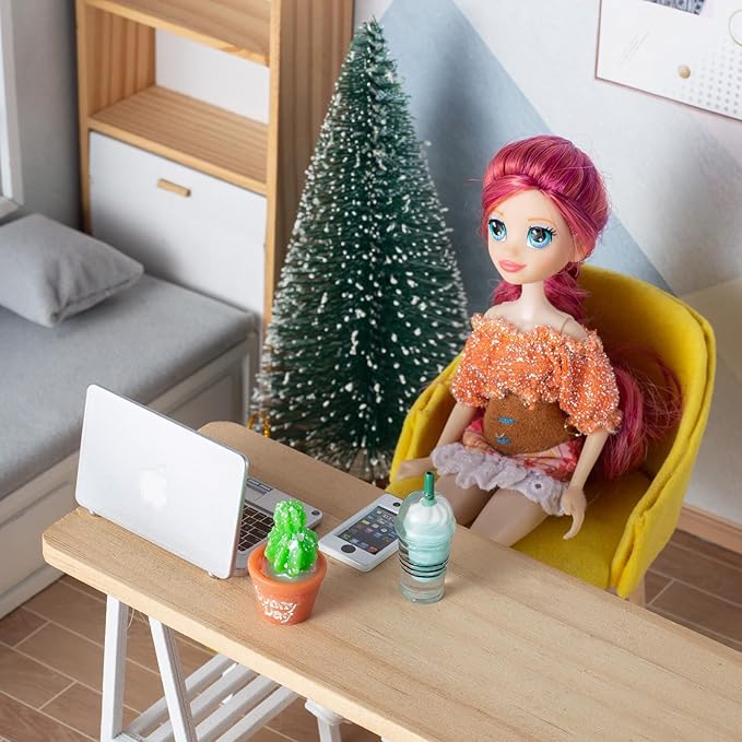12Pcs Dollhouse Miniature Laptop Computer Tablet Phone Lamp Book Glasses Coffee Headset Simulation Accessories 1/12 1/6 Toy Pad Play Set Fits Barbie Doll Girl Mini Drink Party Office (Bule)