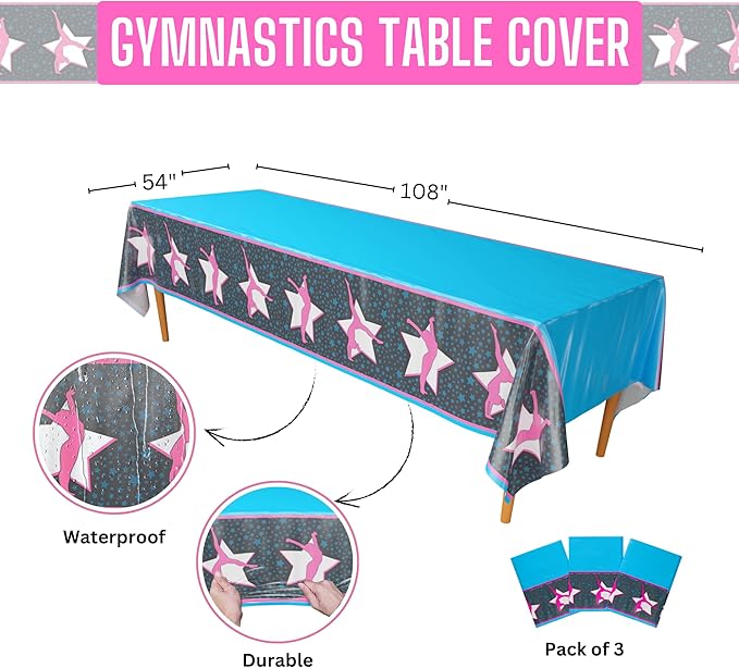 Blue Orchards Gymnastics Table Covers (Pack of 3) - 54"x108" XL - Birthday Party Supplies, Gymnast Theme Party, Gymnastics Tablecloth, Table Cover, Gymnast Birthday