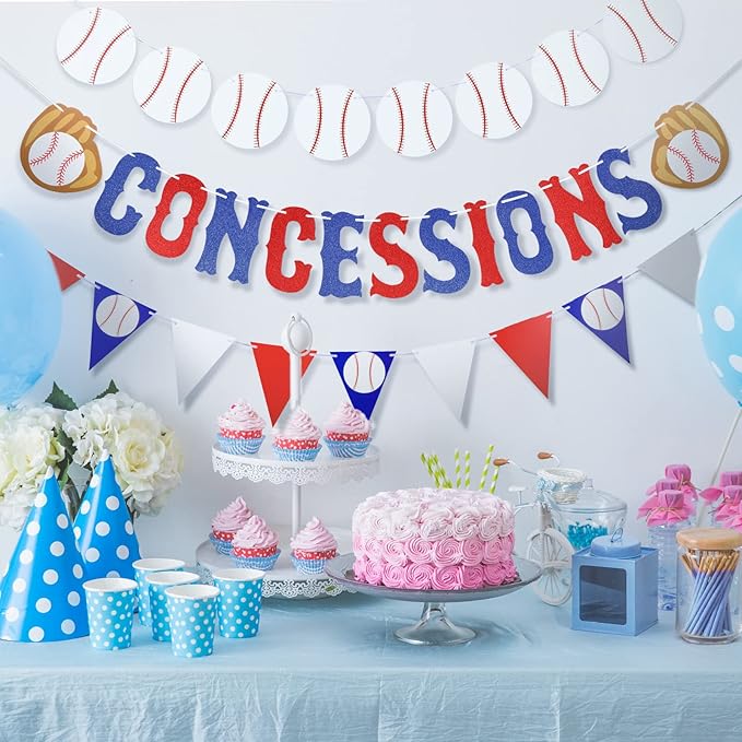3 Pieces Baseball Garland Baseball Banner Glitter Concessions Banner Ball Triangle Bunting Pennant Flag Sports Themed Game Day Decorations for Party Favors Home Run Birthday Party Supplies