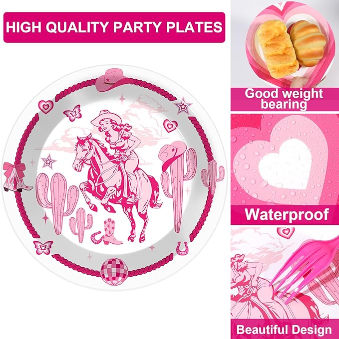 96Pcs Cowgirl Birthday Party Supplies Pink Club Paper Plates and Napkins Pink Western Cowgirl Pony Disco Disposable Tableware Set for Bachelorette Party Baby Shower Serve 24