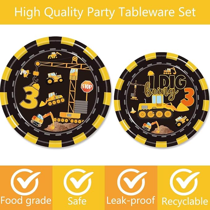 132 Pcs Construction 3rd Birthday Party Supplies Dump Truck Theme Three Tableware Includes Hanging Swirl, Banner, Plates, Cups, Tablecloth for Boys Construction Three Years Old Bday Party Decorations
