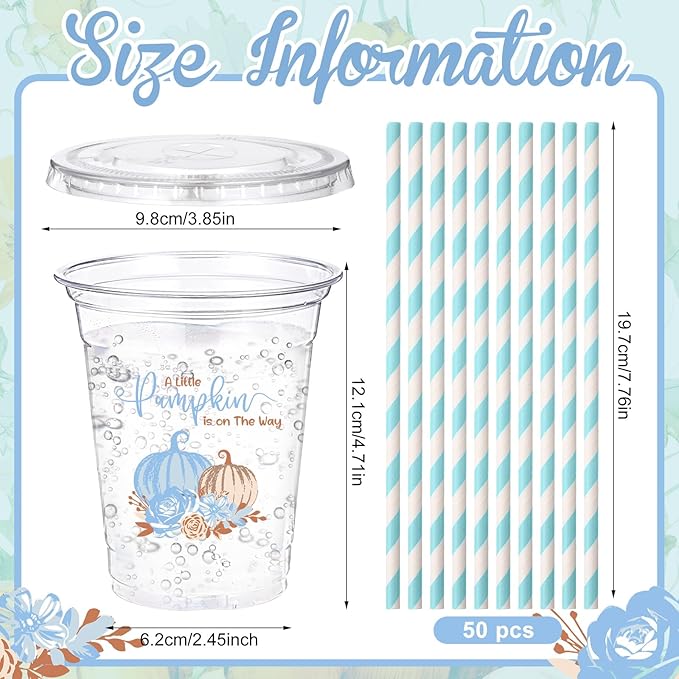 Yungyan 50 Pcs 16 oz Blue Little Pumpkin Baby Shower Plastic Cups with Lids and Straws a Sweet Little Pumpkin Is on the Way Cups Disposable for Fall Thanksgiving Baby Shower Party Decoration Supplies