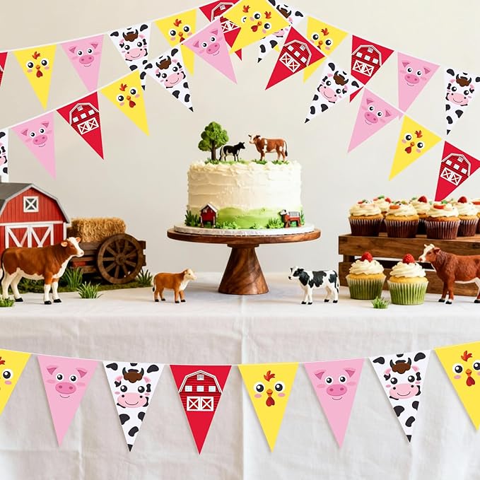 HESTYA 5 Pack 49 Ft Farm Animals Birthday Banner Pre-Strung Red Gingham Barnyard Decorations Cartoon Pig Cow Chick Triangle Flags Bunting Garland for Baby Shower Farmhouse Birthday Party Supplies