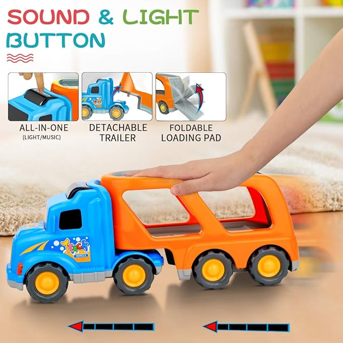 Forty4 9 Pack Cars Toys for 2 3 4 5 Years Old Toddlers Boys & Girls Gift, Big Transport Truck with 8 Small Cute Pull Back Trucks, Carrier Truck with Sound & Light 13.5 * 5.5 inch, 2.5 * 1.6 inch