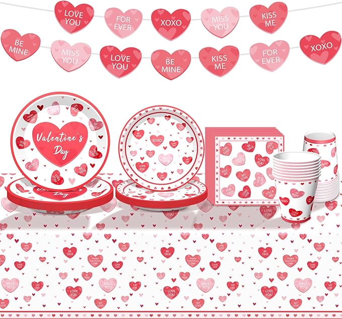 Valentine's Day Party Supplies Tableware Set Red Heart Love Paper Plates Napkins Cups Tablecloth Garlands Banner for Valentine's Day Party Decorations, Serves 24