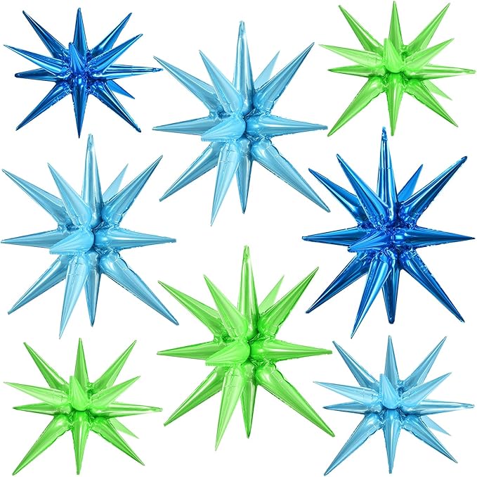 TONIFUL 8 Pcs Blue Green Foil Balloons Large Star Balloons Explosion Star Mylar Balloons for Party Backdrop Christmas New Year Birthday Wedding Baby Shower Anniversary Photo Booth Supplies