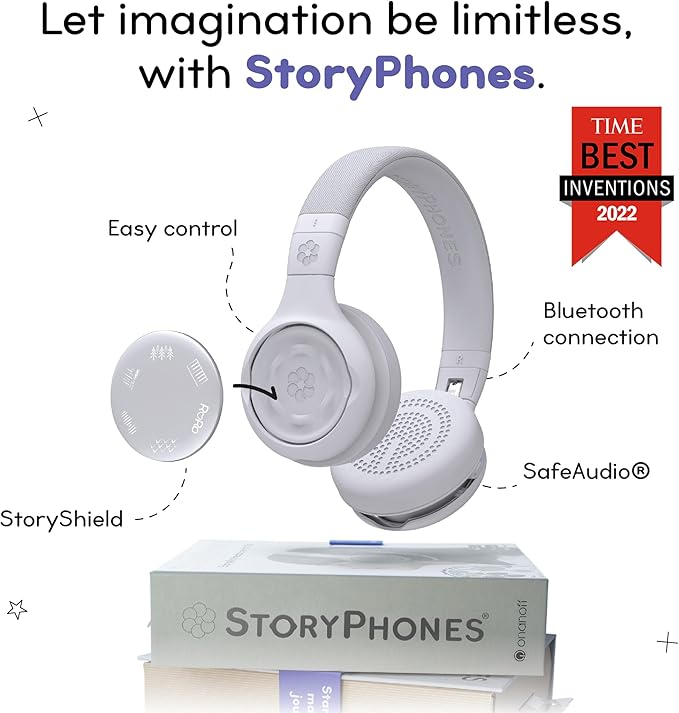 Storytelling Foldable Bluetooth Kids Headphones-Intro Bundle with ZenDisk and PlayShield, Perfect for Travel, Learning, Screen-Free Entertainment, Stories and Music by Onanoff (Grey)