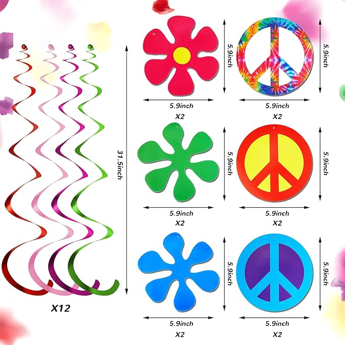 Tenare 15 Pieces Tie Dye Party Happy Birthday Banner Pennant Banner and 60's Hippie Theme Foil Swirl Decor for Tie Dye Party Art Classic 60s 70s Theme Hippie Carnival Shower Birthday