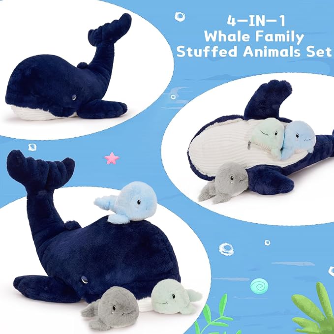 MaoGoLan 4 Pcs Blue Whale Plush Toy with 3 Babies Inside - 20 Inch Giant Stuffed Whale Plush Sea Animals Bulk for Kids Ocean Party Favors Marine Decorations Gifts Christmas Valentine's Day