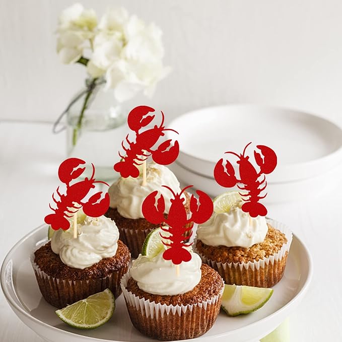 24 Pack Crawfish Cupcake Toppers Red Glitter Lobster Cupcake Food Picks Bridal Shower Bachelorette Sea Animal Theme Baby Shower Kids Birthday Party Cake Decorations Supplies Red