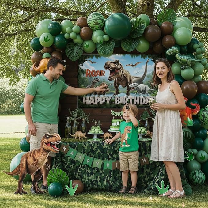 Dinosaur Birthday Party Decorations - Includes Green and brown balloon arch & Small dino Foil balloons & Banner Backdrop Footprint Sticker & for kids Jungle Dinosaurs T-REX ROAR themed party Supplies