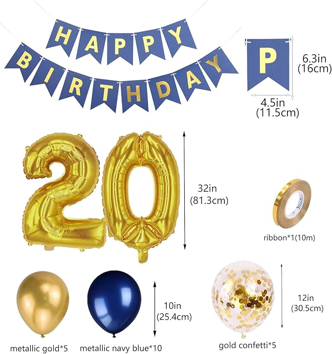20th Birthday Party Decorations for Men, Navy Blue Gold Happy 20th Birthday Banner Number 20 Foil Balloons Metallic Latex Confetti Balloons for Men Him 20 Years Old Birthday Decoration (20th)