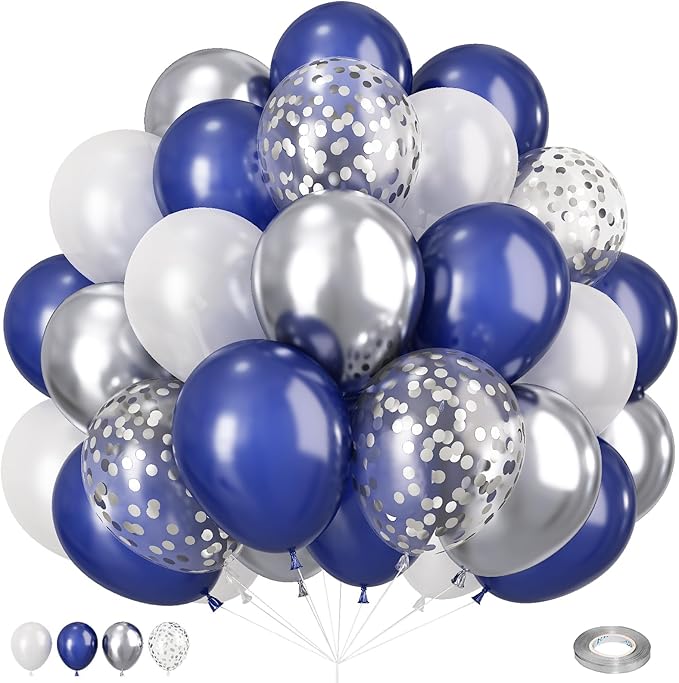 Navy Blue and Silver Balloons 60PCS, 12 Inch Navy Blue Metallic Silver and White Pearl Party Balloons with Silver Blue Confetti Latex Balloons for Birthday Graduation Space Theme Party Decorations