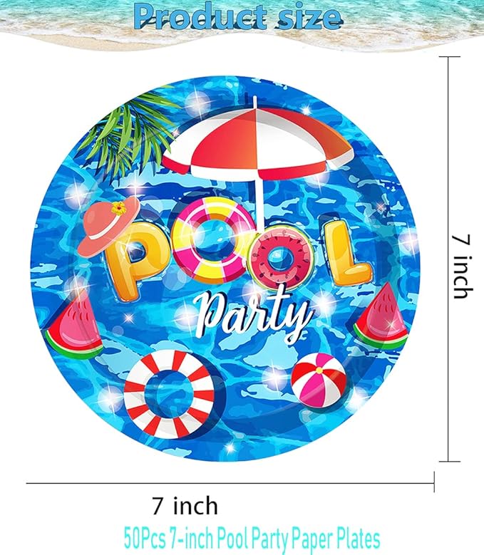 50 Pcs Pool Party Tableware Plates,Pool Party Supplies Beach Party Supplies,7"Summer Pool Party Paper Plates for Summer Beach Theme Pool Birthday Party Decorations