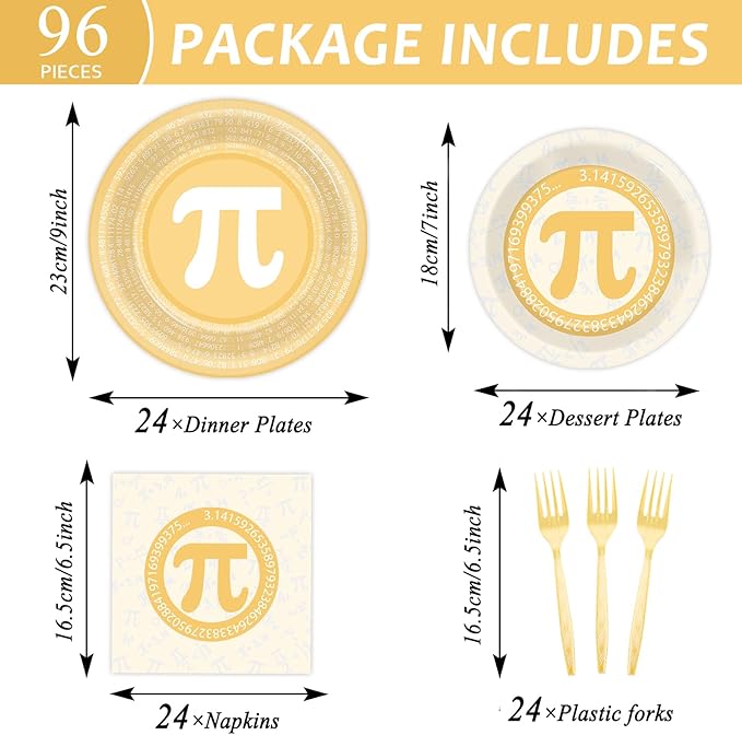 96 PCS Pi Symbol Party Pie Paper Plates and Napkins Math Theme Symbol Disposable Tableware Decorations Pi Day Party Plates Supplies for Kids Birthday Mathematics Day March Math Decorations