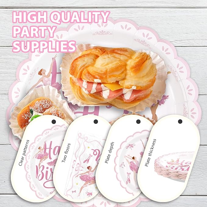 96Pcs Ballerina Birthday Party Supplies Pink Dancing Girl Ballet Plates and Napkins Tableware Sets Ballerina Dancer Themed Decorations for Girls Women Baby Shower Tutu Dance Party Serves 24