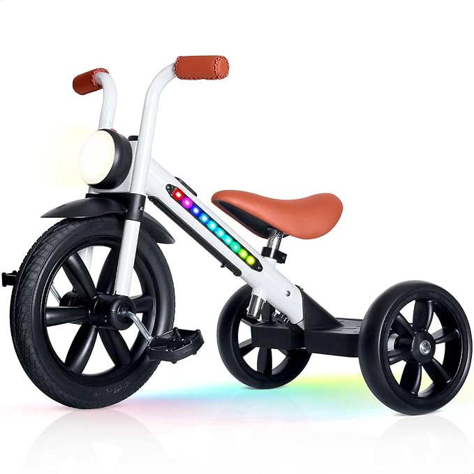 KRIDDO Kids Tricycle, 12 Inch Puncture Free Wheel w Front Light, Adjustable Seat Height, Gift for 2-5 Year Olds, WhiteLED