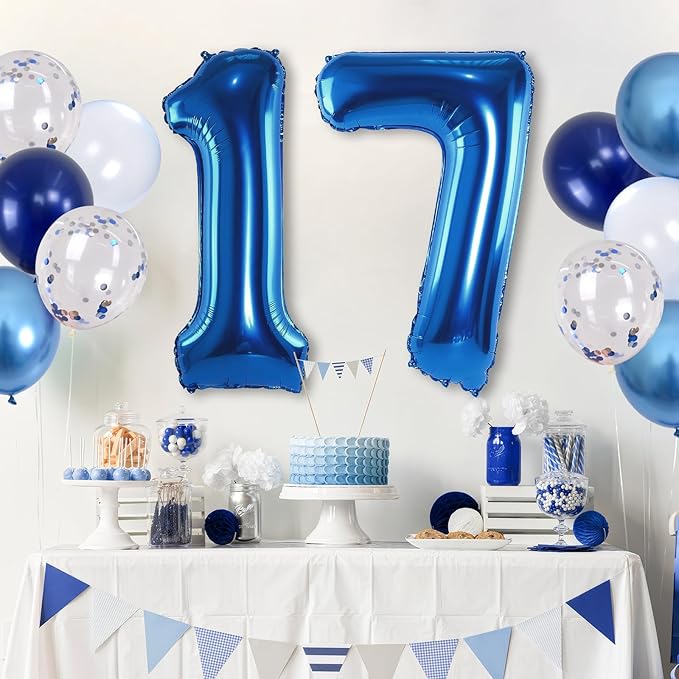 Giant Number Foil Balloon 17, Dark Blue Self Inflating 17th Birthday Balloon for Men, 40'' 17 Balloon Light Navy Blue with Metallic Silver Confetti Balloon for Anniversary Party Decorations Supplies