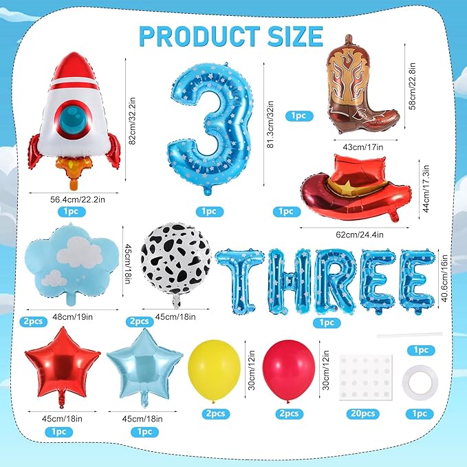 19Pcs Toy Themed Party Decorations Cartoon 3rd Birthday Decorations Blue Sky White Clouds Cowboy Hat Boots Rocket Balloons Toy Inspired Third Birthday Party Supplies