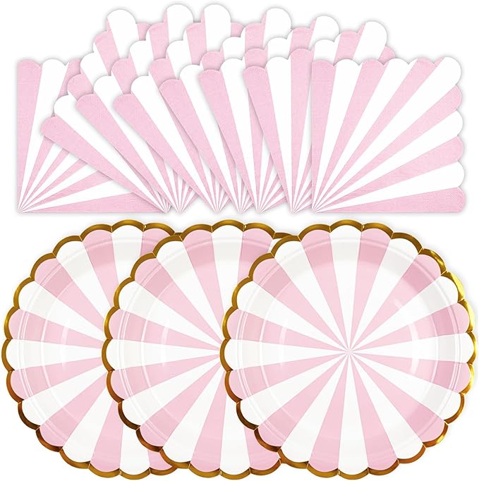 50PCS Pink Striped Paper Plates and Napkins Party Supplies, 7 inch Disposable Gold Foil Scalloped Dessert Plate Party Dinnerware Set for Birthday Wedding Bachelorette Baby/ Bridal Shower Decorations