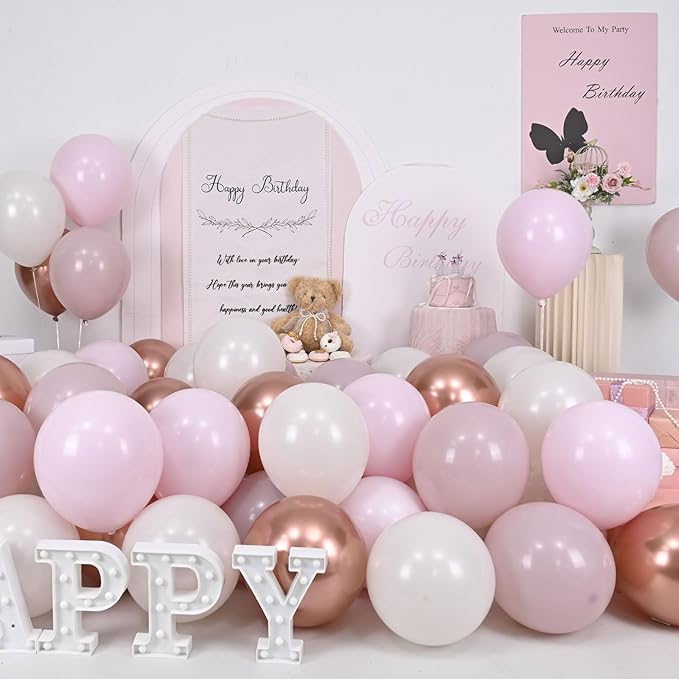 Dusty Pink Beige Balloon, 55 Packs 12 Inch Double Stuffed Retro Baby Pink and Metallic Rose Gold Balloons for Bridal Baby Shower Women Girls Birthday Wedding Party Decorations
