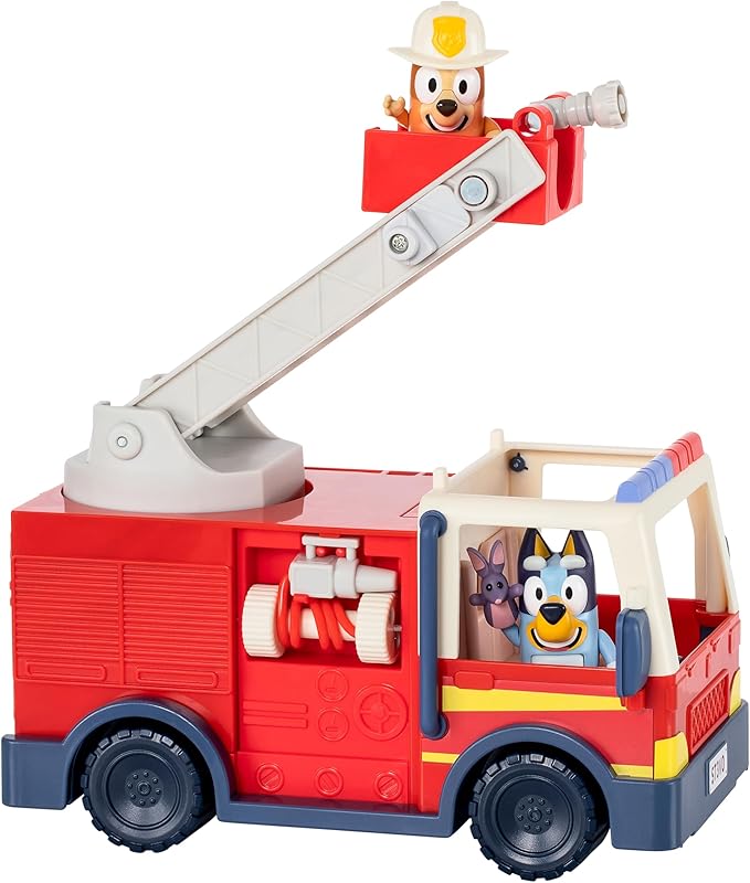 Bluey Firetruck Toy Playset with Firefighter Bingo, Bluey & Bob Bilby, Toddler Fire Truck w/ Spinning Ladder, Water Hoses for Kids Ages 3+