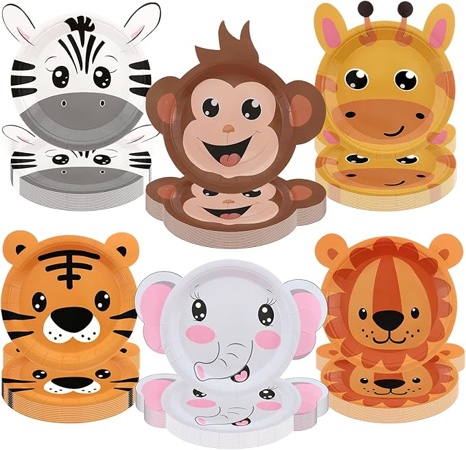 Safari Jungle Wild Animal Party Supplies 60PCS Disposable jungle zoo animal Shaped Paper Plates for Birthday Party, Baby Shower and jungle safari theme party decorations