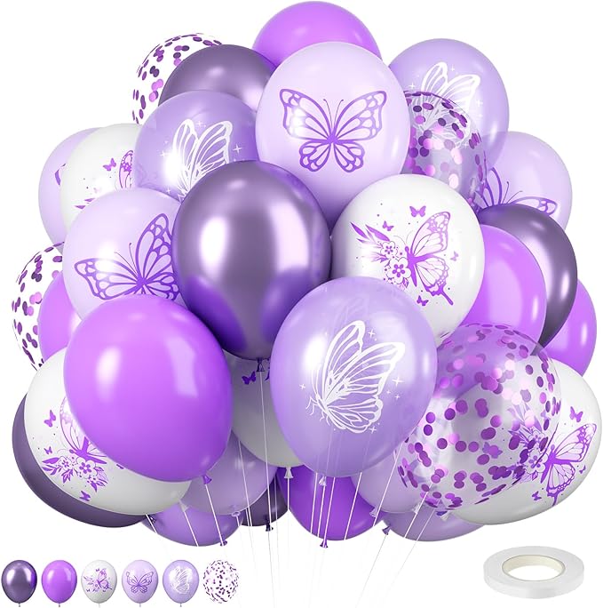 Purple and White Latex Balloons - 12 Inch Butterfly Print for Girls, Women, Baby Shower, Birthday Party, Graduation Decorations