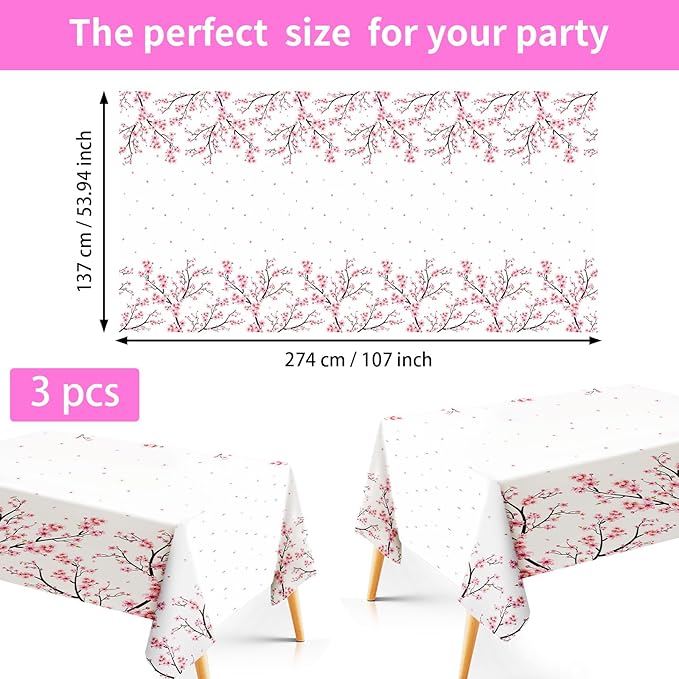 3Pcs Cherry Blossom Tablecloth Pink Floral Plastic Table Cover Waterproof Japanese Sakura Disposable Table Cloth for Baby Shower Woman Birthday Bridal Shower Wedding Party Decorations, 54 x 108 Inch