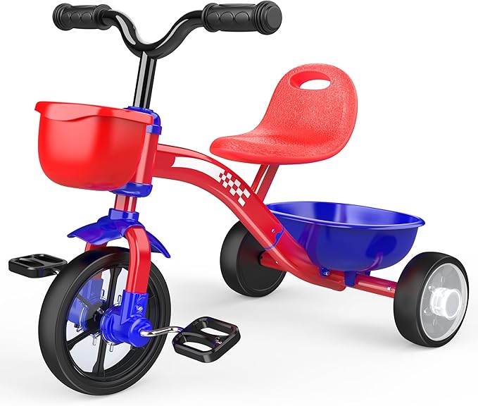Tricycle for Toddlers 1-3 3-5 Year Olds, Unicorn Toddler Bike Baby Balance Bike with Colorful Lighting Wheels & Large Basket, Birthday Gift and Toy for 1 2 3 4 5 Year Olds Girls Boys-red