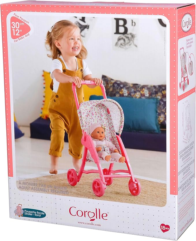Corolle Mon Premier Poupon Foldable Baby Doll Stroller Set - Lightweight Toy Stroller for Toddlers 1-3 - Pink & White Doll Carriage for 12 Inch Dolls