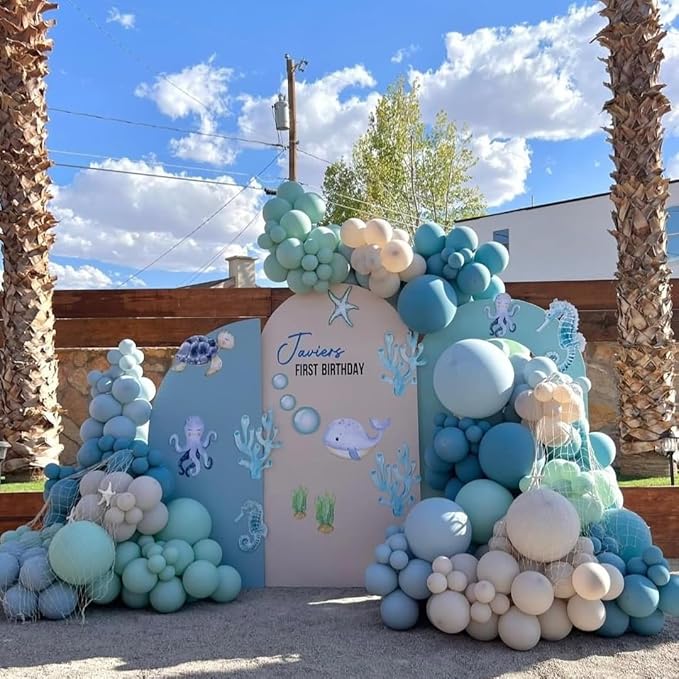 Under The Sea Balloons, 35PCS Dusty Slate Blue and Green Balloons, Baby Light Green Sand White Latex Balloon for Kids Boys Under The Sea Ocean Themed Baby Shower Birthday Party Decorations Supplies
