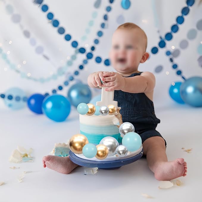 Gyufise 30Pcs Mini Balloon Cake Topper Foam Ball Cake Picks Decorations Faux Pearl Balls DIY Cake Topper Decoration for Baby Shower Wedding Anniversary Birthday Party Supplies Gold Silver Blue