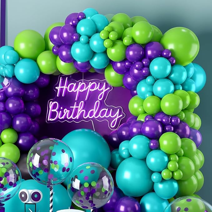 Green Purple Teal Balloons, 50Pcs 12 Inch Fruit Green Purple Teal Blue Confetti Birthday Balloons for Kids Boy Cartoon Theme Birthday Cartoon Party Baby Shower Decorations