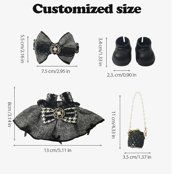 Clothes Compatible with LABUBU Doll – 4PCS Houndstooth lace Dress Set, 17cm Doll Clothes Designer Outfit for Urban Chic Theme, Classic Stylish Accessories for Labubu, No Doll (Houndstooth Rebel)