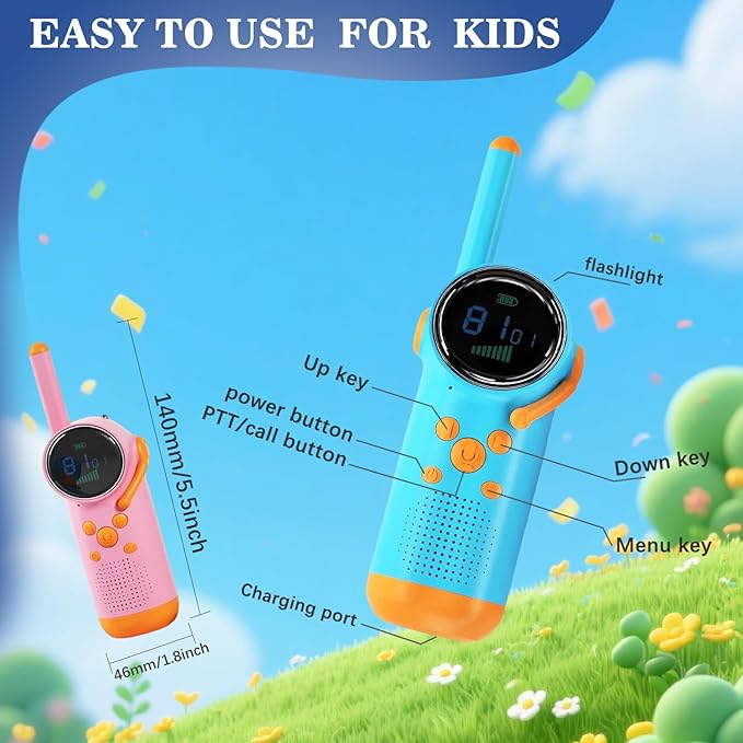 KOOMTOOM Walkie Talkies for Kids,2 Pack Rechargeable Walkies Talkies with LCD Flashlight & Alarm Clock,3 Miles Long Range for Boys and Girls(Blue+Pink)