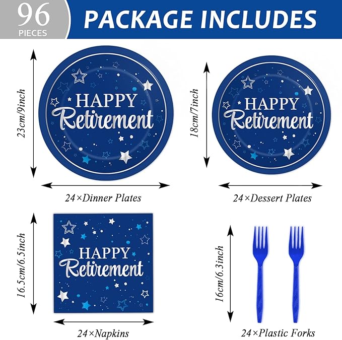 96Pcs Blue Retirement Plates and Napkins Blue Silver Retirement Party Decorations Blue Happy Retirement Party Supplies Disposable Party Paper Cake Dessert Plates for Men Woman Serves 24 Guests