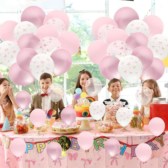 112Pcs Pink Bow Birthday Decorations Balloons Table Cloth Set for Party, 100PCS 12" Pastel Light Pink Bow Print Coquette Balloon, 4PCS 38" Giant Pink Bow Balloons, 3PCS Decor Tablecloths Girls Women