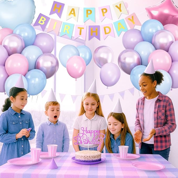 Pink Purple Blue Birthday Decorations,Pastel Balloon Decor Happy Birthday Banner Cake Topper Star Heart Foil Balloon for Girl Baby Shower Gender Reveal Party