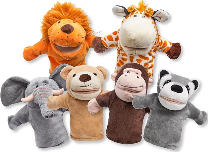 JOYIN 6Pcs Kids Hand Puppet Set with Working Mouth, Toddler Plush Toy Includes Elephant, Giraffe, Lion, Bear, Raccoon and Monkey for Show Theater, Easter Birthday Gifts for Kid