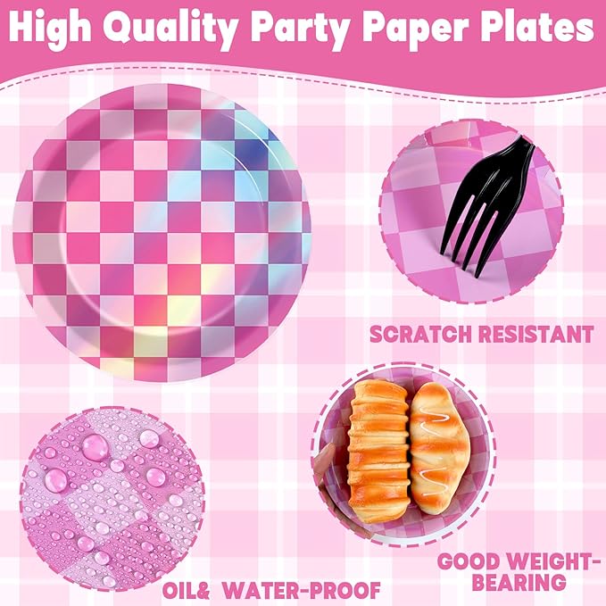 50PCS Pink and Iridescent Checkered Party Plates for Iridescent Party Decorations 7 Inches Laser Round Paper Plates Foil Dessert Plate for Girl Birthday Wedding Baby Shower Parties Supplies