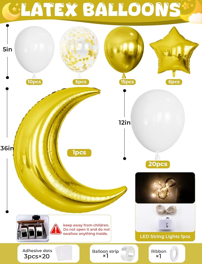White and Gold Party Decorations, Gold White Balloons Moon Star Foil Balloons, LED String Lights Decoration for Boys Girls Baby Shower Twinkle Twinkle Little Star Gender Reveal Party Supplies